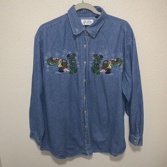 Casual Corner Annex Women’s Denim Shirt Size XL Blue Christmas Bears - Picture 1 of 6